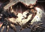  commentary_request copyright_name day dragon flying from_below highres horns looking_at_another monster monster_hunter monster_hunter:_world nergigante no_humans outdoors raruru rathalos scales sharp_teeth spikes tail teeth wings 