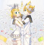  1girl :d aqua_eyes blonde_hair blush bow brother_and_sister celebration confetti cowboy_shot crown eye_contact hair_bow hair_ornament hair_ribbon hairband hairclip hand_on_another's_shoulder hands_together happy highres ixima kagamine_len kagamine_rin layered_skirt looking_at_another miniskirt open_mouth pale_skin pants putting_on_headwear ribbon sailor_collar shirt short_hair short_shorts short_sleeves shorts siblings skirt sleeveless sleeveless_shirt smile standing twins vocaloid white_hairband white_pants white_ribbon white_shirt white_shorts white_skirt 