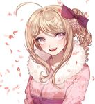  :d ahoge akamatsu_kaede alternate_costume bangs blonde_hair blush bow danganronpa floral_print flower fur_collar hair_bow hair_flower hair_ornament japanese_clothes kimono long_hair looking_at_viewer musical_note_hair_ornament new_danganronpa_v3 open_mouth petals pink_eyes pink_kimono print_kimono purple_bow round_teeth sash side_ponytail sidelocks smile solo swept_bangs teeth upper_body zuizi 