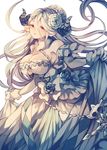  bare_shoulders blush breasts cleavage collarbone commentary_request draph flower gloves granblue_fantasy hair_between_eyes hair_flower hair_ornament highres horns izmir large_breasts long_hair looking_at_viewer mole mole_under_mouth pointy_ears red_eyes skirt_hold solo white_gloves wiriam07 