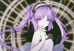  1girl fate/grand_order fate/hollow_ataraxia fate_(series) halo headband long_hair looking_at_viewer purple_eyes purple_hair smile stheno twintails white_dress 