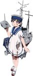  bag black_hair blue_sailor_collar blush_stickers brown_eyes burnt_clothes damaged dress full_body hand_up hat hiburi_(kantai_collection) kantai_collection looking_at_viewer mary_janes official_art open_mouth rigging sailor_collar sailor_dress sailor_hat shibafu_(glock23) shoes short_ponytail shoulder_bag smudge solo soot torn_clothes transparent_background underwear white_legwear 