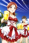  absurdres alcohol beer beer_mug black_hair breasts brown_eyes brown_hair cleavage cup dirndl dress eyepatch frills german_clothes highres holding holding_cup long_hair mc_axis medium_breasts minna-dietlinde_wilcke multiple_girls official_art onoda_masahito print_eyepatch sakamoto_mio smoke_trail strike_witches waitress white_eyepatch world_witches_series 