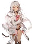  altera_(fate) anmi bangs blush commentary_request dark_skin fate/extella fate/extra fate/grand_order fate_(series) gift grey_hair hairband highres holding holding_gift looking_at_viewer navel parted_lips red_eyes shawl sidelocks simple_background solo standing thighs valentine white_background 