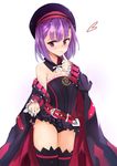  bangs bare_shoulders belt belt_buckle black_leotard blush buckle coat detached_collar eyebrows_visible_through_hair fate/grand_order fate_(series) flat_chest frilled_leotard frilled_sleeves frills grin hat heart helena_blavatsky_(fate/grand_order) highres leotard long_sleeves looking_at_viewer muoto nose_blush off_shoulder open_clothes open_coat parted_lips purple_coat purple_eyes purple_hair purple_hat ribbon shiny shiny_hair short_hair sleeves_past_wrists smile solo strapless strapless_leotard teeth thighs white_ribbon 