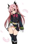  bat_hair_ornament black_legwear blush breasts feathers hair_ornament krul_tepes open_mouth ouhashi owari_no_seraph panties pink_hair red_eyes simple_background skirt skirt_lift small_breasts smile solo standing thighhighs twintails underwear white_background white_panties 