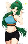  :d absurdres adapted_costume arm_behind_head arm_up artist_name bare_arms bare_shoulders blush breasts collarbone cowboy_shot crop_top eyebrows_visible_through_hair fire_emblem fire_emblem:_rekka_no_ken fire_emblem_heroes fire_emblem_musou gloves green_eyes green_hair halter_top halterneck high_ponytail highres jewelry large_breasts long_hair looking_at_viewer lyndis_(fire_emblem) midriff navel open_mouth ormille ponytail shorts simple_background smile solo sports_bra standing star thigh_gap underwear very_long_hair white_background 