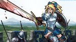  1girl armor arrow_in_armor arrow_in_body battle blonde_hair blood blood_splatter bloody_weapon blue_eyes boots bow breastplate brown_gloves circlet commentary death elf fantasy foreshortening gloves hair_bow highres open_mouth original pauldrons pointy_ears ponytail ronindude shield shouting solo_focus sword thigh_boots thighhighs war weapon zettai_ryouiki 