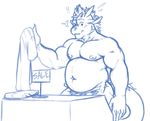  ! anthro belly big_belly briefs clothed clothing dragon kenjin male monochrome musclegut muscular muscular_male nipples sketch solo standing surprise topless underwear wardrobe_malfunction 