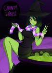  bad_end banjo-kazooie black_dress black_hair breasts bubble cauldron deviantartkofwea dress green_skin gruntilda_winkybunion hat high_heels large_breasts looking_at_viewer open_mouth red_eyes scarf short_hair smile v witch_hat 