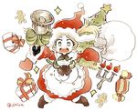  apron bag bell blonde_hair boots box candelabra chibi chiva_(wonderworldwood) christmas christmas_tree detached_collar dress fire_emblem fire_emblem:_kakusei fire_emblem_heroes gift gift_box hat liz_(fire_emblem) open_mouth ribbon sack santa_costume short_hair short_twintails sparkling_eyes twintails 