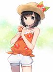  black_hair flower hat hat_flower holding holding_poke_ball mizuki_(pokemon) poke_ball poke_ball_(generic) pokemon pokemon_(game) pokemon_usum short_hair shorts solo sun_hat tank_top white_shorts yuhi_(hssh_6) 