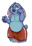  2017 4_fingers alien anthro blue_claws blue_eyes blue_fur blue_nose blush bulge claws clothed clothing digital_drawing_(artwork) digital_media_(artwork) disney embarrassed experiment_(species) fur hi_res lilo_and_stitch long_ears male mammal multicolored_fur notched_ear omorashi peeing polarpandemonium simple_background slightly_chubby solo standing stitch teeth two_tone_fur urine watersports wetting white_background 