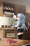  ahoge anchor_symbol black_legwear blue_eyes blue_hair blurry blurry_background blush box cabinet cake chocolate chocolate_cake coffee_maker_(object) cup depth_of_field eyebrows_visible_through_hair food fork heart-shaped_box hibiki_(kantai_collection) highres indoors jar kantai_collection kitchen long_hair long_sleeves oni_(onirenger) open_box plate profile saucer shelf shiny shiny_hair shirt sideways_mouth slice_of_cake solo standing stone_wall straight_hair thighhighs verniy_(kantai_collection) wall white_shirt wooden_table zettai_ryouiki 