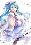  :d alternate_color blue_eyes blue_hair blue_skirt blush brown_footwear capelet cherim diamond_(shape) floating_hair hair_between_eyes hat hatsune_miku layered_skirt leg_up long_hair looking_at_viewer open_mouth outstretched_arms pantyhose purple_sweater skirt smile solo sweater taito_four_seasons_figure_(vocaloid) twintails very_long_hair vocaloid white_background white_legwear winter_clothes 