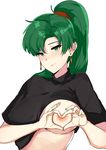  absurdres alternate_costume blush breasts closed_mouth fire_emblem fire_emblem:_rekka_no_ken green_eyes green_hair heart heart-shaped_boob_challenge heart_hands highres large_breasts long_hair looking_at_viewer lyndis_(fire_emblem) nipples no_bra nose_blush one_breast_out ormille shiny shiny_hair shirt_lift short_sleeves simple_background smile solo upper_body white_background 