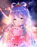  antlers blue_hair blue_hairband eyebrows_visible_through_hair floating_hair green_eyes hair_between_eyes hair_ribbon hairband holding long_hair luo_tianyi merry_christmas open_mouth peppa_pig peppa_pig_(series) pink_coat ribbon solo striped striped_ribbon upper_body very_long_hair vocaloid vocanese white_ribbon yu_jiu 
