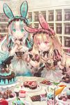  :o :p animal_ears aqua_eyes aqua_hair aqua_nails bangs black_dress blonde_hair blueberry bunny_ears cake chocolate chocolate_cake closed_mouth commentary cup dress eyebrows_visible_through_hair feast finger_to_mouth fingernails food fruit hair_between_eyes hairband heart heart-shaped_cake heart-shaped_food highres ice_cream_cone indoors lolita_fashion lolita_hairband long_hair multicolored_hair multiple_girls nail_polish original parfait parted_lips pastry_bag pink_eyes pink_hair pink_nails plate puffy_short_sleeves puffy_sleeves short_sleeves silver_hair strawberry streaked_hair striped tea teacup tongue tongue_out tray valentine very_long_hair wrist_cuffs yumeichigo_alice 