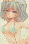  absurdres ballpoint_pen_(medium) bikini blush breasts eyebrows_visible_through_hair grey_hair hair_between_eyes hair_ornament hand_on_hip highres leaf leaf_hair_ornament marker_(medium) medium_breasts navel nib_pen_(medium) nishina_masato short_hair slingshot_swimsuit solo swimsuit touhou traditional_media upper_body yasaka_kanako yellow_eyes 