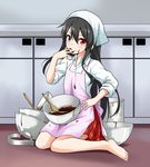  apron bare_legs barefoot bellezza_felutia black_hair blue_eyes blush bowl chocolate chocolate_on_fingers closed_mouth collared_shirt felutiahime finger_to_mouth food food_on_face full_body grey_background head_scarf heart heterochromia highres long_hair long_sleeves looking_at_viewer mixing_bowl on_floor original otoko_no_ko pink_apron plaid plaid_skirt pot red_eyes red_skirt shelf shiny shirt simple_background sitting skirt sleeves_pushed_up smile solo spatula valentine very_long_hair white_shirt wing_collar 