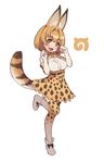  :3 :d animal_ears bangs blonde_hair blush bow bowtie breasts elbow_gloves eyebrows_visible_through_hair fang full_body gloves gradient_clothes gradient_legwear high-waist_skirt japari_symbol kemono_friends kugi_ta_hori_taira leg_up looking_at_viewer medium_breasts multicolored multicolored_clothes multicolored_hair multicolored_legwear open_mouth orange_eyes paw_pose ribbon-trimmed_skirt ribbon_trim serval_(kemono_friends) serval_ears serval_print serval_tail shirt short_hair simple_background skirt sleeveless sleeveless_shirt smile solo standing standing_on_one_leg streaked_hair tail two-tone_hair white_background 
