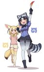  :d animal_ears ankle_boots arm_up arms_behind_back ass_visible_through_thighs bangs black_bow black_footwear black_gloves black_hair blue_shirt blush boots bow bowtie breast_pocket breasts closed_mouth common_raccoon_(kemono_friends) eyebrows_visible_through_hair fang feathers fennec_(kemono_friends) fox_ears fox_tail fur-trimmed_footwear fur_collar gloves gradient_clothes grey_legwear highres holding_feather japari_symbol kemono_friends kugi_ta_hori_taira layered_sleeves leg_up mary_janes medium_breasts miniskirt multiple_girls open_mouth pantyhose pink_sweater pleated_skirt pocket puffy_short_sleeves puffy_sleeves raccoon_ears raccoon_tail shirt shoes short_hair short_sleeves silver_hair simple_background skirt smile standing standing_on_one_leg sweater tail thigh_gap thighhighs white_background white_hair white_skirt yellow_bow yellow_footwear yellow_neckwear zettai_ryouiki 