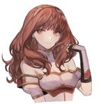  arm_guards armor bangs bare_shoulders black_gloves blunt_bangs breastplate breasts cape celica_(fire_emblem) cleavage closed_mouth collar dress earrings elbow_gloves fingerless_gloves fire_emblem fire_emblem_echoes:_mou_hitori_no_eiyuuou gloves hand_in_hair jewelry long_hair looking_at_viewer off_shoulder red_eyes red_hair simple_background small_breasts smile solo tiara upper_body white_background zuizi 
