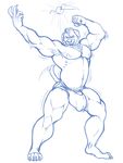  anthro armpit_hair canine clothing flexing kenjin looking_at_viewer male mammal monochrome musclegut muscular muscular_male nipples penis smile solo standing underwear 