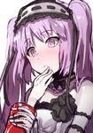  1girl blush can coke cola drinking fate/grand_order fate/hollow_ataraxia fate_(series) hand_to_mouth headband long_hair purple_eyes purple_hair stheno surprised twintails white_dress 