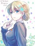  bangs blonde_hair blue_eyes blue_sweater braid closed_mouth darjeeling dated emblem eyebrows_visible_through_hair floral_background from_side girls_und_panzer light_smile looking_at_viewer macho_ojiji school_uniform shirt short_hair solo st._gloriana's_school_uniform sweater tied_hair twin_braids twitter_username upper_body white_shirt 