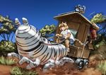  alternate_costume animal_ears blonde_hair brown_eyes cart closed_mouth commentary_request day food_stand gloves grass highres hozumi_(ouchan) jaguar_(kemono_friends) jaguar_ears jaguar_print jaguar_tail kemono_friends looking_at_viewer motion_blur outdoors print_gloves print_legwear reins riding running savanna_striped_giant_slug_(kemono_friends) shirt short_hair short_sleeves shorts sitting smile tail yatai 