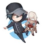  barking baseball_cap black_hair black_hat black_pants blue_eyes blush brown_eyes chibi closed_mouth crossover danganronpa dog expressionless fang full_body gakuran gen_7_pokemon hair_between_eyes hand_on_headwear hat long_sleeves looking_at_viewer new_danganronpa_v3 one_eye_closed pants pokemon rockruff saihara_shuuichi school_uniform standing striped two-tone_background vertical-striped_pants vertical_stripes zuizi 