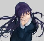  asagami_fujino bangs blunt_bangs breasts closed_eyes dress drill_hair grey_background hair_between_eyes hand_on_own_face highres kara_no_kyoukai kouzuki_kei long_hair medium_breasts purple_hair sketch solo 