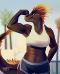  2018 anthro breasts brown_eyes day detailed_background digital_media_(artwork) dinosaur female midriff navel non-mammal_breasts outside raptor solo theropod wolfirry 