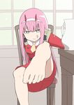  1girl barefoot blue_eyes chair darling_in_the_franxx feet licking_lips long_hair looking_at_viewer one_leg_raised pink_hair pov pov_feet sitting toes zero_two_(darling_in_the_franxx) 