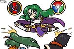  2girls black_hair cecilia_(fire_emblem) chibi commentary crossed_arms fire_emblem fire_emblem:_fuuin_no_tsurugi fire_emblem:_rekka_no_ken fire_emblem:_thracia_776 fire_emblem_heroes flying_kick gameplay_mechanics green_eyes green_hair huss kicking long_hair lyndis_(fire_emblem) multiple_girls ponytail reinhardt_(fire_emblem) 