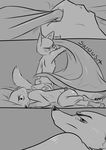  2018 anthro barefoot bed bedding blanket canine clothed clothing comic disney duo english_text female fox greyscale holding_object inside ittybittykittytittys lying male mammal monochrome nick_wilde on_side pawpads skye_(zootopia) sound_effects text topless zootopia 