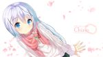  absurdres aran_sweater black_skirt blue_eyes blush character_name chinomaron closed_mouth copyright_name gochuumon_wa_usagi_desu_ka? head_tilt highres kafuu_chino long_hair long_sleeves looking_at_viewer petals pleated_skirt red_scarf scarf silver_hair skirt smile solo spring_(season) sweater tippy_(gochiusa) twitter_username very_long_hair white_background white_sweater 