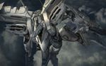  armored_core:_for_answer cloud commentary_request dual_wielding dutch_angle flying glowing gun highres holding holding_gun holding_weapon karamas mecha mechanical military outdoors weapon white_glint 