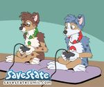  australian_shepherd blue_merle brother brother_and_sister canine casual_nudity collar crossed_legs dog eyewear female glasses kade_(savestate) male mammal nicole_(savestate) punching red_merle savestate sibling sister sitting tim_weeks 