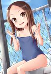  blue_sky blue_swimsuit brown_eyes brown_hair chain-link_fence cloud competition_school_swimsuit day feet_out_of_frame fence highres karakai_jouzu_no_takagi-san long_hair looking_at_viewer one-piece_swimsuit school_swimsuit sitting sky skywalker0610 solo swimsuit swimsuit_pull takagi-san 