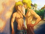  2boys age_difference anma_(ryuichi87) blonde_hair cum erection family father_and_son incest male_focus multiple_boys naughty_face outdoors penis public uzumaki_naruto yaoi 
