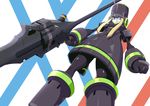  black_hat blonde_hair character_request commentary_request darling_in_the_franxx dress genista_(darling_in_the_franxx) gun gunblade handgun hat holding holding_gun holding_weapon looking_at_viewer mecha no_humans parted_lips purple_eyes revolver robisonjr sidelocks solo standing weapon 