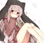  abe_suke bangs bare_legs blush brown_hair closed_mouth commentary_request eyebrows_visible_through_hair floral_background hood hoodie long_hair looking_at_viewer original red_eyes sidelocks signature sitting sleeves_past_fingers sleeves_past_wrists solo very_long_hair 