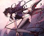  black_hair blake_belladonna bow ecru gambol_shroud hair_bow long_hair petals rwby shorts solo thighhighs weapon yellow_eyes 