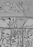  &lt;3 2018 anthro bed bedding blanket briefs canine clothed clothing comic disney drooling ear_markings eyes_closed facial_markings female fox fur_markings greyscale group inside ittybittykittytittys jack_savage judy_hopps kissing lagomorph lying male mammal markings monochrome nick_wilde on_back on_bed on_side open_mouth pawpads rabbit saliva skye_(zootopia) sleeping topless under_covers underwear zootopia 