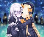  ;) abigail_williams_(fate/grand_order) bags_under_eyes bangs black_bow black_dress black_hat blonde_hair blue_eyes blush bow closed_mouth commentary_request dress fate/grand_order fate_(series) fireflies forehead hair_bow hat highres horn hug lavinia_whateley_(fate/grand_order) long_hair long_sleeves multiple_girls night night_sky one_eye_closed orange_bow outdoors pale_skin parted_bangs parted_lips pine_tree pink_eyes polka_dot polka_dot_bow sidelocks silver_hair sky sleeves_past_fingers sleeves_past_wrists smile star_(sky) starry_sky tree very_long_hair wide-eyed yukihara_nako 