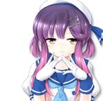  blue_neckwear blue_sailor_collar fingers_together gloves gradient_hair hat kantai_collection long_hair looking_at_viewer mole mole_under_eye multicolored_hair neckerchief purple_eyes purple_hair sailor_collar sailor_hat sasaka_yayoi school_uniform serafuku short_hair sidelocks simple_background smile solo tsushima_(kantai_collection) white_background white_gloves white_hat 