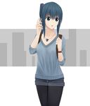  :o backpack bad_id bad_pixiv_id bag bangs black_legwear blue_eyes blue_hair blue_sweater blush collarbone cowboy_shot denim denim_shorts eyebrows_visible_through_hair highres holding holding_phone jewelry long_hair looking_away looking_to_the_side love_(pspdspsp) mole mole_under_eye necklace open_mouth original pantyhose pantyhose_under_shorts pendant phone ponytail shorts sidelocks sleeves_past_elbows solo standing sweater tareme watch wristwatch 