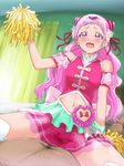  1girl amekasaikuta back_bow blush bow clothed_female_nude_male clothed_sex cowgirl_position cure_yell eyebrows flower girl_on_top hair_flower hair_ornament hair_ribbon hetero highres hugtto!_precure long_hair magical_girl navel nono_hana nude open_mouth pink_eyes pink_hair pink_skirt pom_poms precure red_ribbon ribbon sex skirt solo_focus straddling sweat thighhighs wavy_mouth white_legwear 
